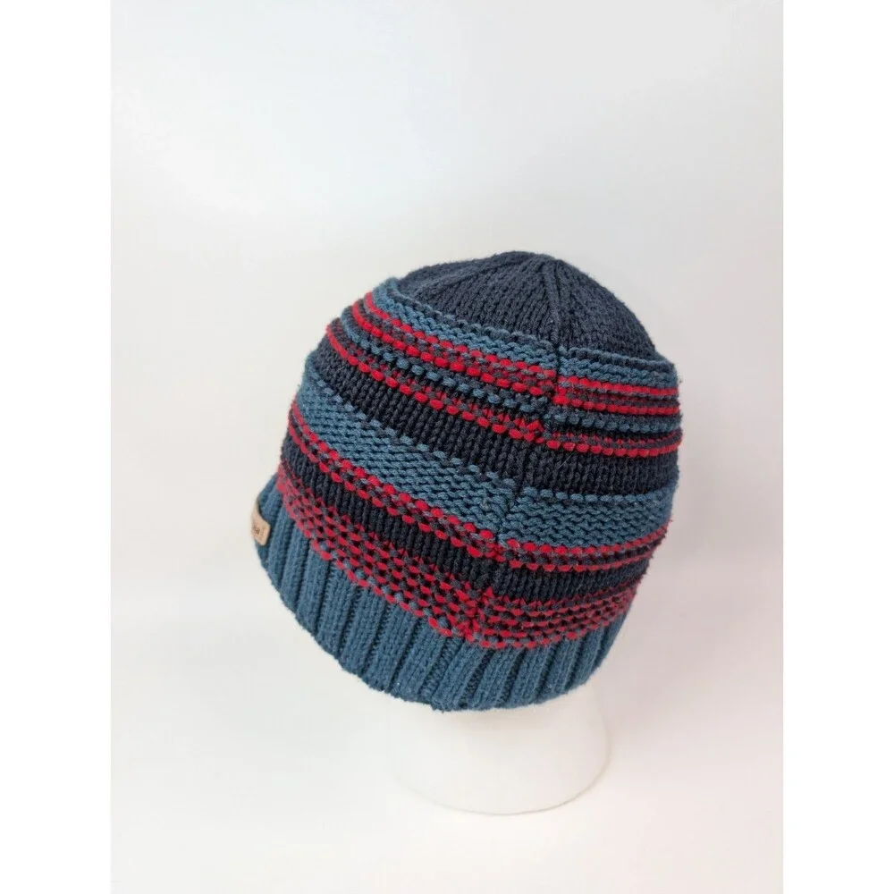 Columbia Knit Beanie Hat Blue Red Striped Fleece Lined Unisex Winter Cap